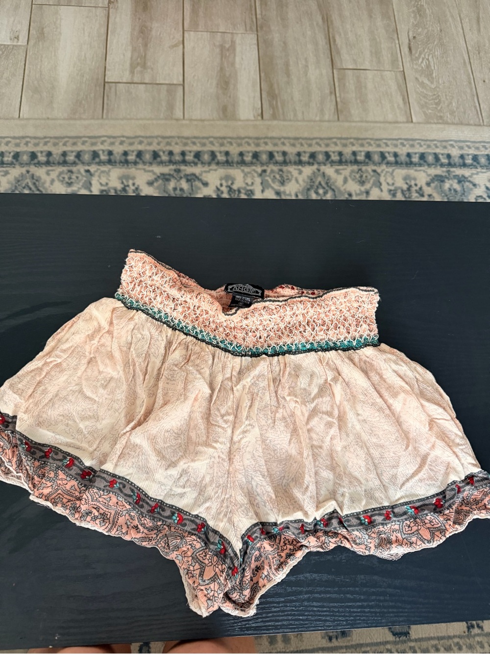 Angie Peach Smocked Waist Paisley Trim Shorts